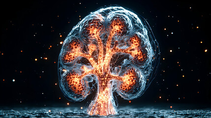Poster - A stylized glowing tree-like structure with a complex network of veins. Perfect for science fiction or medical illustrations suggesting energy or biological processes.