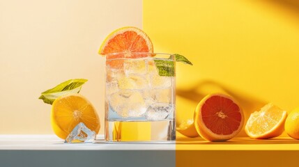 Poster - Citrus cocktails chilled with ice, vibrant orange and blue contrast in a studio setup