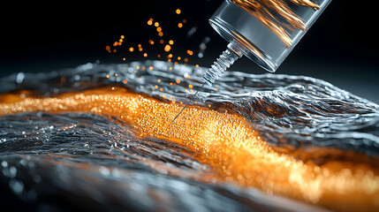 Poster - Abstract image shows a needle injecting a stream of golden particles. Possibly representing nanotechnology or advanced medicine. Application might be medical research or visual art.