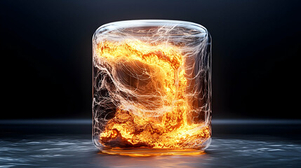 Poster - A glass container holds swirling fiery energy surrounded by delicate threads. Great for showcasing abstract concepts like contained power or complex systems.