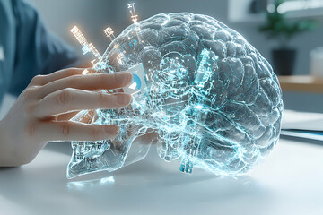 Poster - Image depicts a futuristic brain scan or simulation. Could be used in medical education or research to visualize neurological data or concepts.