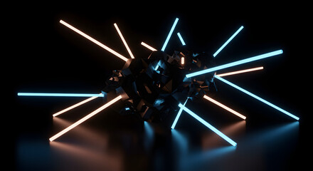 Abstract Dark Shape Illuminated By Neon Tubes Against a Dark Background