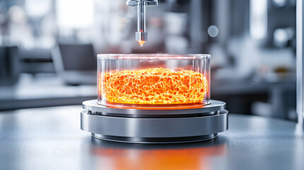 Poster - a laboratory setup depicts a glowing biological sample. this image could represent advancements in m