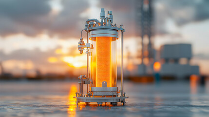 Poster - a futuristic device glows brightly against a sunset. it could be a reactor or scientific instrument 