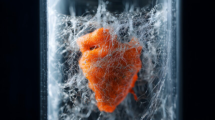 Poster - A macro shot of an orange object encased in a transparent container surrounded by delicate silver threads or fibers. It has a scientific or biological feel.