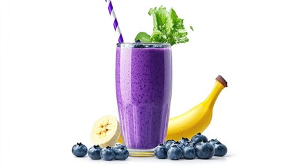 Poster - Healthy purple smoothie with blueberries, banana and greens, set on kitchen counter