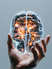 Poster - A hand cradles a glowing brain representing intelligence and potential. Perfect for neuroscience technology or mental health visuals. Consider educational contexts.