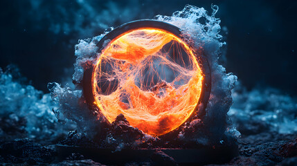 Poster - A glowing portal of energy is encased in a dark metallic ring. The portal emits orange strands and is surrounded by icy structures. Suggesting access to other worlds.