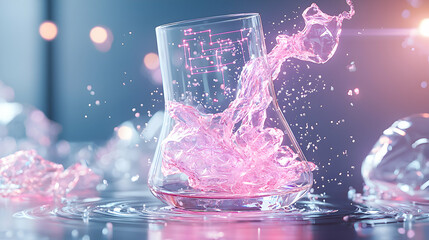 Poster - A splash of pink liquid bursts from a lab flask with electronic circuit visuals. Perfect for scientific research or tech innovation graphics. Use for concept art.