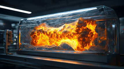 Poster - An explosive fiery object enclosed in a glass container. Perhaps a controlled experiment or a visual representation of contained energy. Suggesting scientific research and innovation.