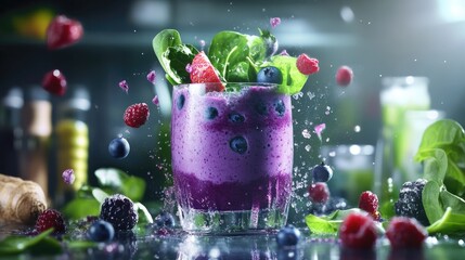 Poster - Purple smoothie blend with spinach and berries in glass, surrounded by whole food ingredients
