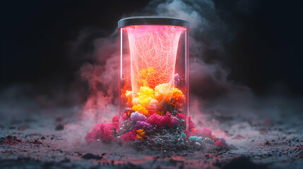 Poster - A mesmerizing sci-fi scene with a glowing structure containing vibrant particles. Suggests energy containment or scientific exploration. Intriguing and visually captivating.