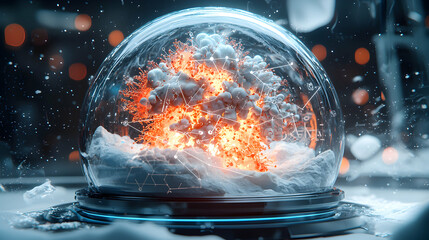 Poster - A futuristic snow globe displays a vibrant energy burst. Suggests scientific discovery potential for research or a stylized data visualization concept.