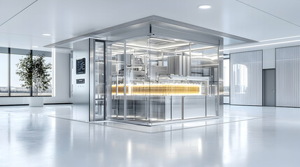 Poster - Futuristic automated lab setup showcased. Suggests cutting-edge scientific research or advanced manufacturing. It features transparency and high tech elements. It has a clean modern design. 