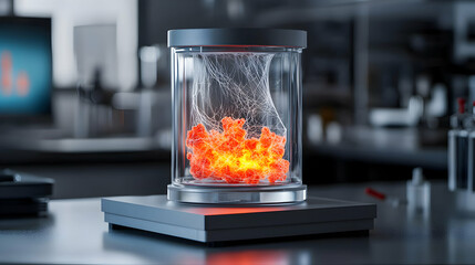 Poster - A glowing fiery object inside a glass jar. The lab setting suggests a science experiment or research project. It can symbolize energy or scientific discovery.