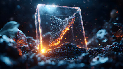 Poster - A glowing crystalline cube houses an ethereal form. The artwork evokes mystery and showcases digital artistry. Ideal for futuristic concepts or tech visualizations.