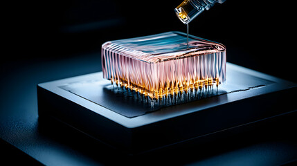 Poster - An artistic depiction of a microchip being treated with liquid. A visually stunning rendering that could be used to promote advanced technology concepts.