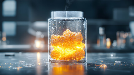 Poster - A glowing orange substance is contained in a glass jar steam rising. This could represent energy containment or a scientific experiment perhaps fusion.