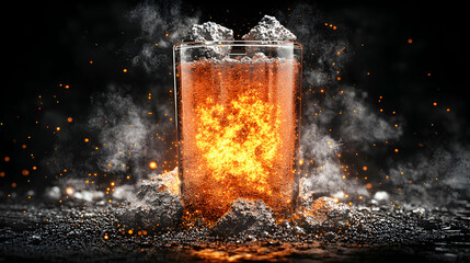 Poster - A glass filled with fiery substance with glowing center surrounded by smoky atmosphere and dark surroundings. Great for creative backgrounds and special effects.