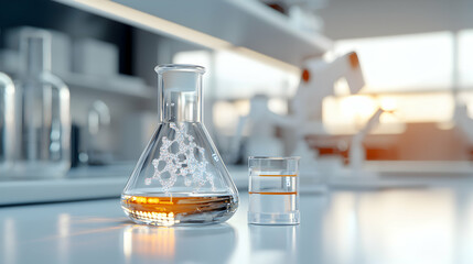Poster - a laboratory scene featuring glassware and chemical reactions. use for scientific research and educa