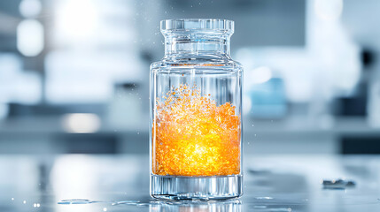 Poster - A glass vial contains glowing orange liquid. It could represent a scientific breakthrough or energy source. Apply to research innovation or medicine.