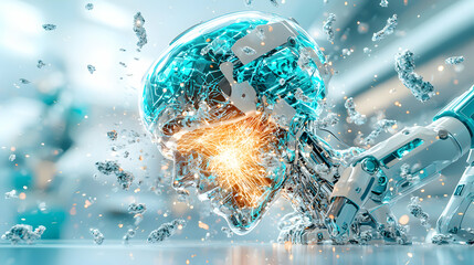 Poster - Futuristic AI robot head bursts with energy showcasing technological innovation and digital progress.  Possible applications include  science fiction projects and tech promotions.