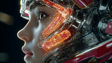 Poster - A close-up image reveals a cyborg face with glowing circuitry inside a helmet. This could be used for sci-fi art or futuristic tech concepts.