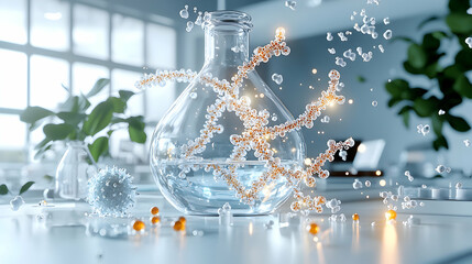 Poster - Scientific illustration of a lab flask with molecules and particles. Perfect for medical research articles or educational presentations on chemistry and biology.