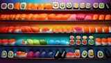 un estante lleno de sushi de colores arcoiris con diferentes formas y tama os variados sushi estante decoraci n