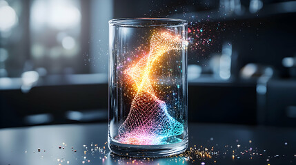 Poster - An illuminated ethereal form swirls in a glass. Suggests energy technology or a digital concept. Good for futuristic designs. 