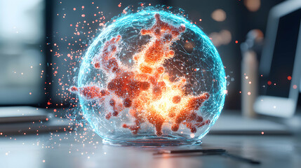Poster - A stylized image depicts a glowing virus-like structure inside a glass sphere suggesting scientific research. It can be used for medical or tech-related presentations.