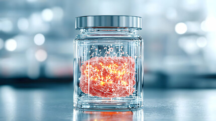 Poster - a glowing mass encased in glass suggesting scientific research or medical innovation. potential appl