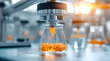 Poster - A close-up of a laboratory setup shows a machine dispensing orange spheres into a glass flask suggesting scientific research or medical analysis. Consider for medical product ads.