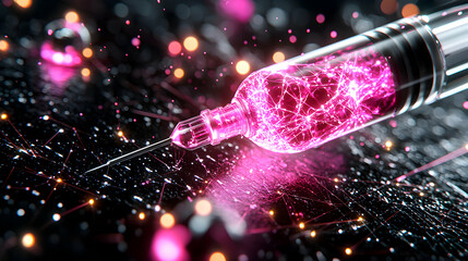 Poster - A futuristic syringe containing glowing pink energy suggesting cutting-edge medical technology. Suggests innovations in healthcare or scientific advancements. Perfect for tech-related articles.