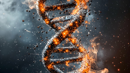 Poster - This image depicts a fiery DNA strand in a starry space. Suitable for science or medical articles also it can be used for designs.