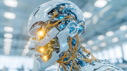 Poster - A futuristic robot head with exposed internal circuitry. Ideal for sci-fi related projects or representing technological advancements. Consider it for futuristic visuals or AI content.