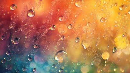 Poster - Abstract Colorful Water Droplets Background Texture Vibrant Autumnal Hues Golden Orange Teal Gradient Macro Photography Detailed Image Sparkling      