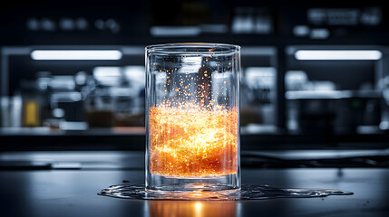 Poster - A glass with an orange glowing substance stands on a dark surface. It resembles a science lab scene suggesting energy and experimentation. This could be used to represent technology or research.