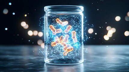 Poster - a glass jar holds glowing bacteria suspended in a network of light representing advanced biological 