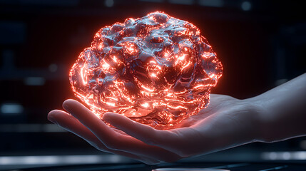 Poster - A glowing brain in hand represents artificial intelligence or advanced thought. Use it for futuristic tech presentations or science-related visuals.