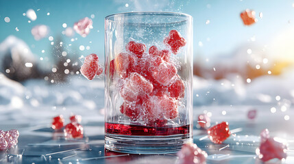 Poster - A glass filled with raspberries floating in a winter wonderland. Perhaps a creative advertisement for a refreshing winter beverage or a playful science illustration.