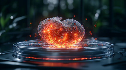Poster - A futuristic sci-fi image of glowing cells in a petri dish. Great for scientific presentations or medical research visuals. Suggests biological innovation and complex science.