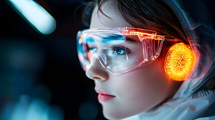 Poster - futuristic scientist in protective gear. suggests advanced technology research or medical innovation