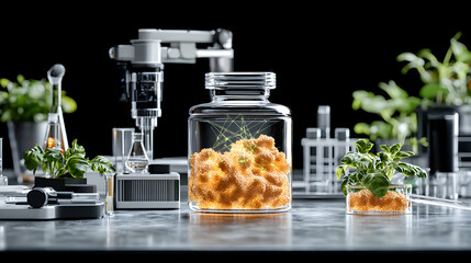 Poster - a futuristic lab setup showing plant life and biotechnology. use this for visuals related to scienti