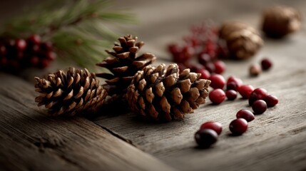 Poster - Rustic pinecones cluster next to vibrant red berries, arranged on a weathered wooden plank, creating a cozy and inviting atmosphere with soft warm lighting