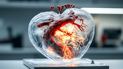 Poster - Heart model in glass. Suggests medical research or the complexity of life. Perfect for scientific illustrations or educational content on anatomy.
