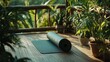 © Boonnam Burart - Yoga mat rolled out on a wooden floor surrounded by green plants in a peaceful setting