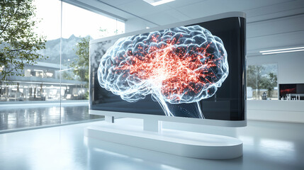Poster - An advanced medical display showcases a brain scan with glowing neural activity. It would suit hospitals or research labs for visualizing complex data.