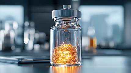 Poster - A glass vial containing glowing particles sits on a surface. Ideal for scientific research presentations or pharmaceutical advertisements showcasing cutting-edge innovation.