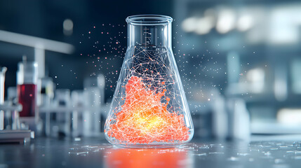Poster - A glowing flask on a lab table. It likely symbolizes scientific processes or innovation. Suitable for illustrating research and technology applications.